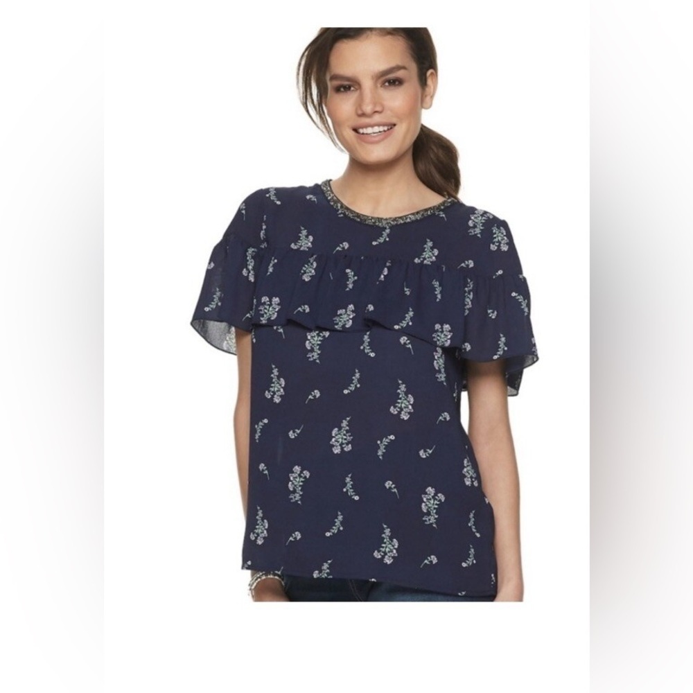 Juicy Couture Floral Print Rhinestone Neck Ruffle Blouse |Size Small|